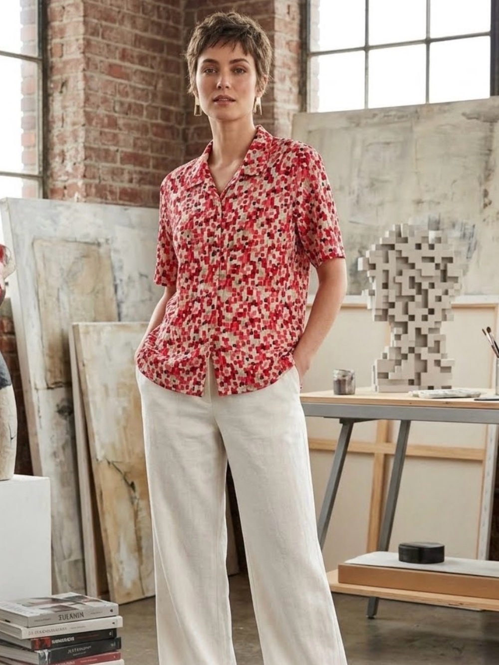 Alia Petites Geometric Mosaic Button-Up Blouse Size 16P